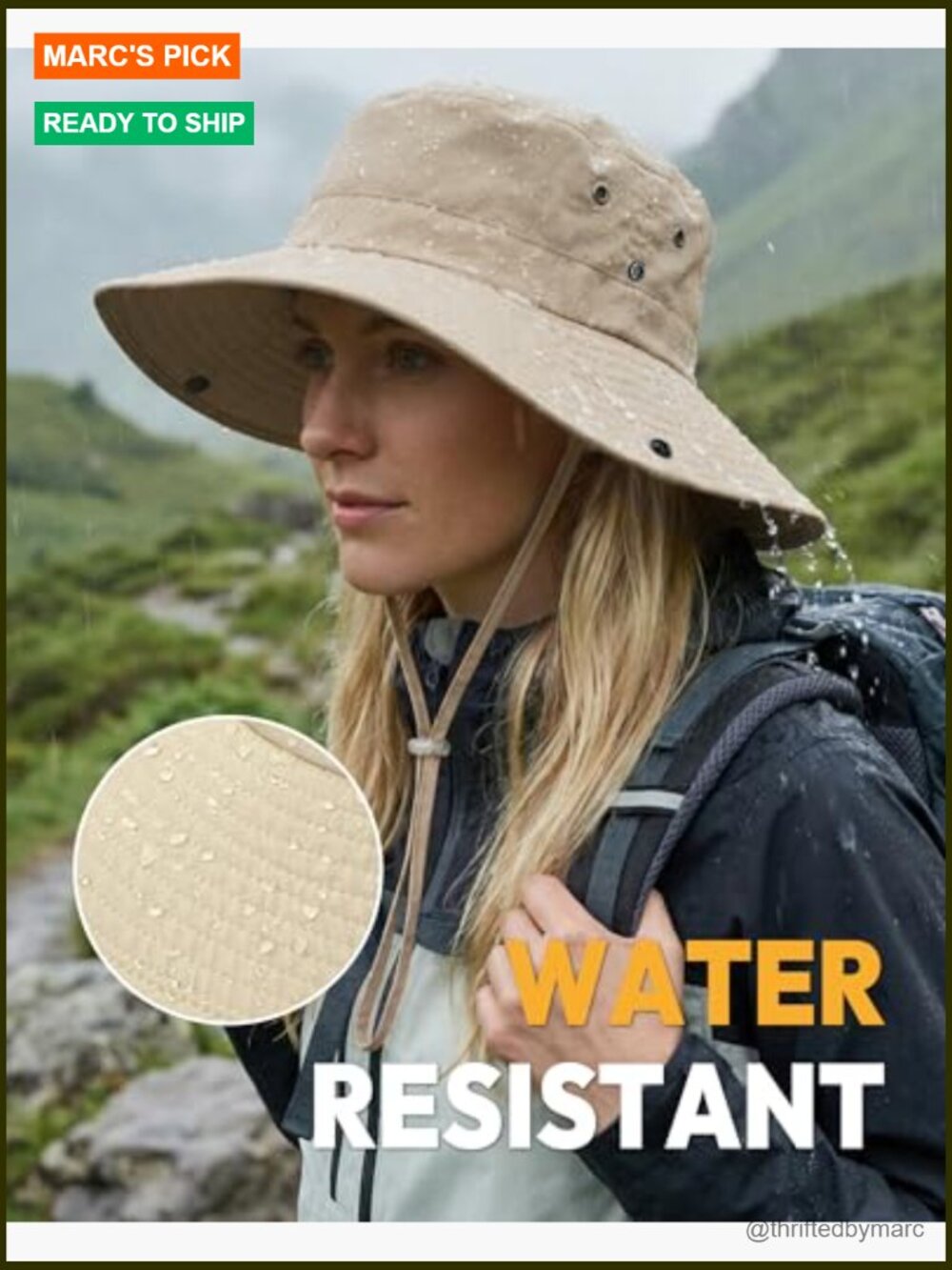Wide Brim Bucket Hat with Ponytail Hole, UPF 50+ Foldable Sun Hat for Hiking - Picture 4 of 7